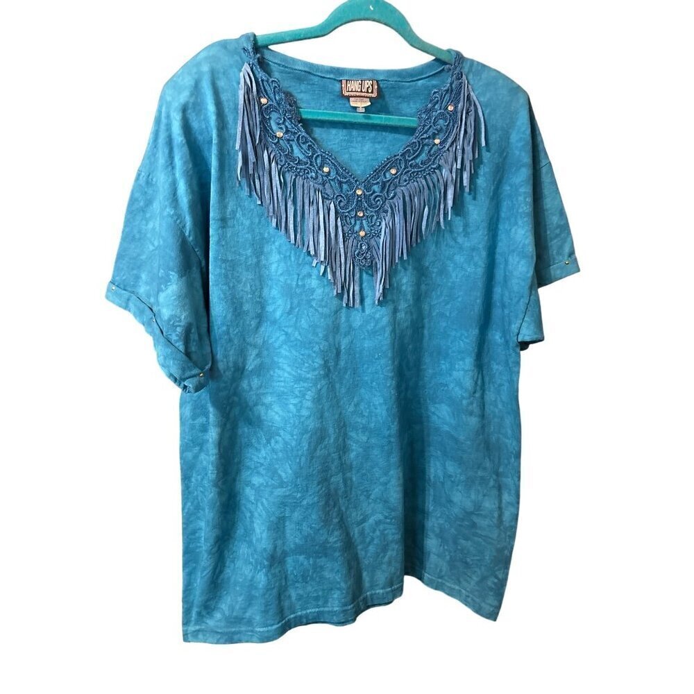 Vintage HANG UPS Blue Tye Dye Western Fringe V-Neck Short Sleeve T-Shirt OS USA
